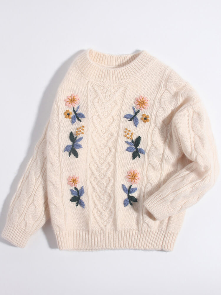 (image for) Kids Ivory Floral Embroidered Cable Knit Cashmere Sweater